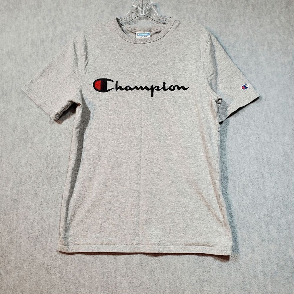 Champion Shirt Mens Medium Gray Cotton Spell Logo Crew Neck Pullover Tee Vintage